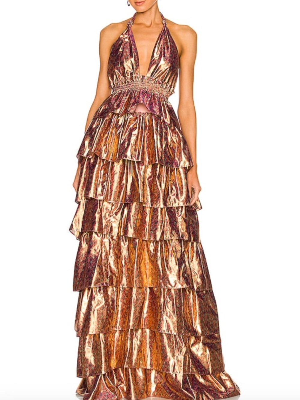 LoveShackFancy BEXLIE Tiered Halter Maxi Dress Pink Orchid Gold Ruffle - MEDIUM